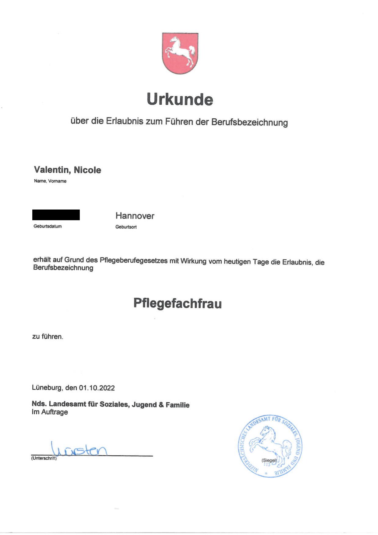 Vorschau der Urkunde: Pflegefachfrau (staatliche Erlaubnis)