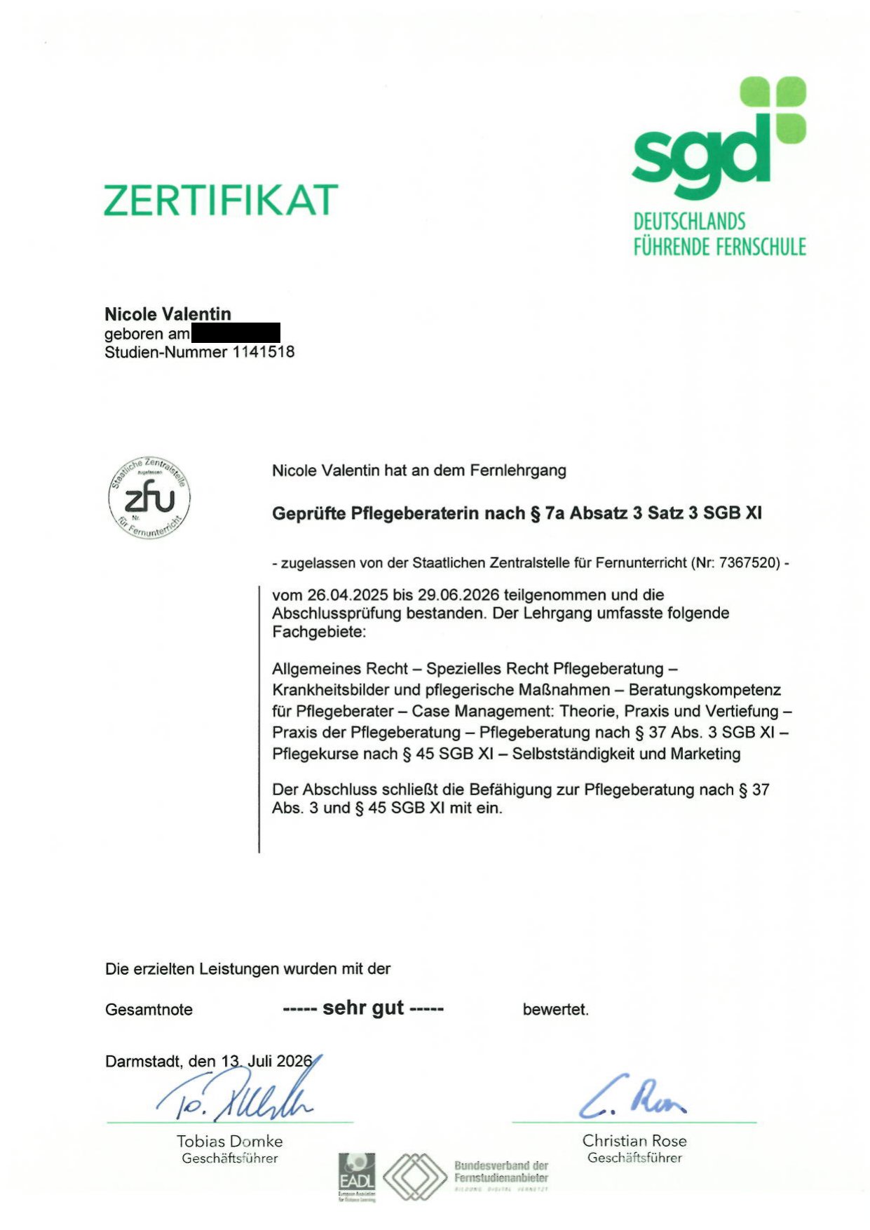 Vorschau der Urkunde: Geprüfte Pflegeberaterin nach § 7a SGB XI