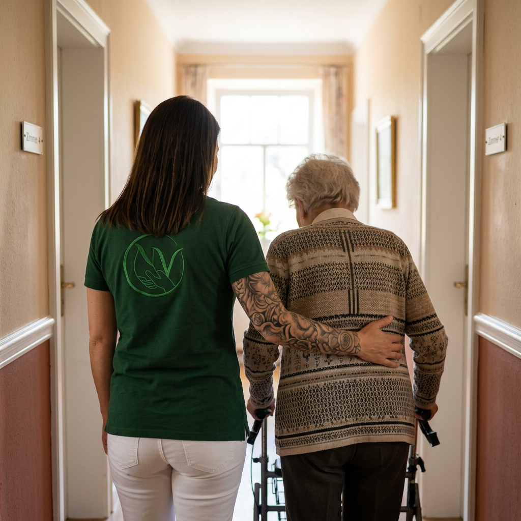 Pflegefachkraft im Gespräch mit einer Seniorin auf dem Sofa