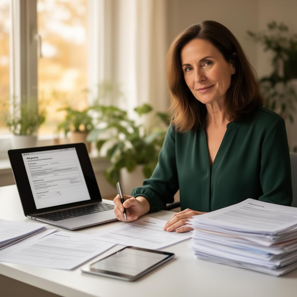 Nicole Valentin am Schreibtisch bei der Bearbeitung von Pflegeanträgen mit Laptop und Unterlagen