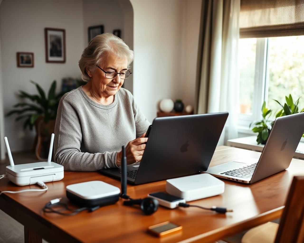 Seniorin sitzt am Tisch mit Handy, Laptop und Router und schaut nachdenklich auf ihr Smartphone